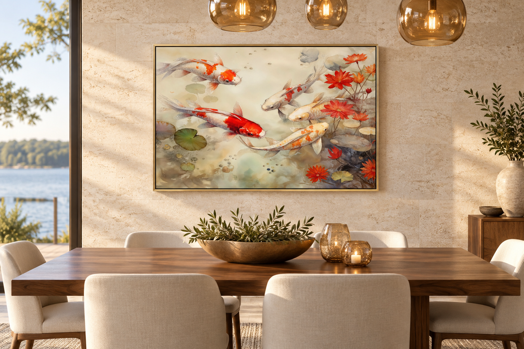 Zen framed canvas wall art of koi fish swimming in a sage green pond above a dining table.