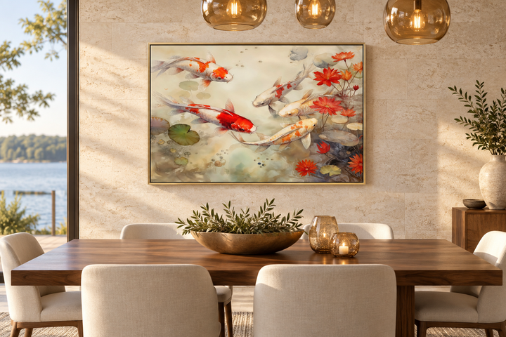 Zen framed canvas wall art of koi fish swimming in a sage green pond above a dining table.