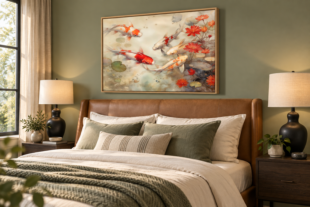 Koi fish in a sage green pond zen framed canvas wall art hanging above a bed in a bedroom.
