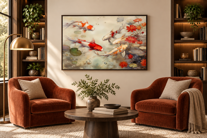 Framed canvas wall art of koi fish swimming in a sage green pond above two rust-colored armchairs.
