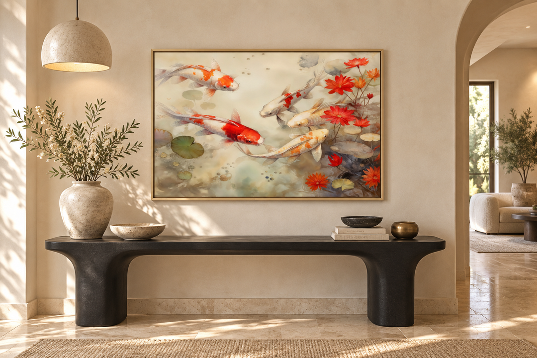 Framed canvas wall art of koi fish swimming in a sage green pond above a black console table.