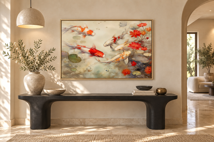 Framed canvas wall art of koi fish swimming in a sage green pond above a black console table.
