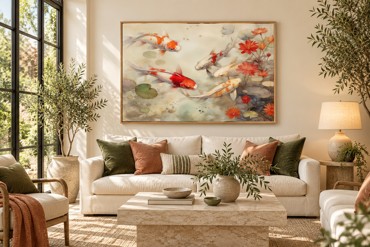 Koi fish in sage green pond zen framed canvas wall art hanging above a sofa in a living room.