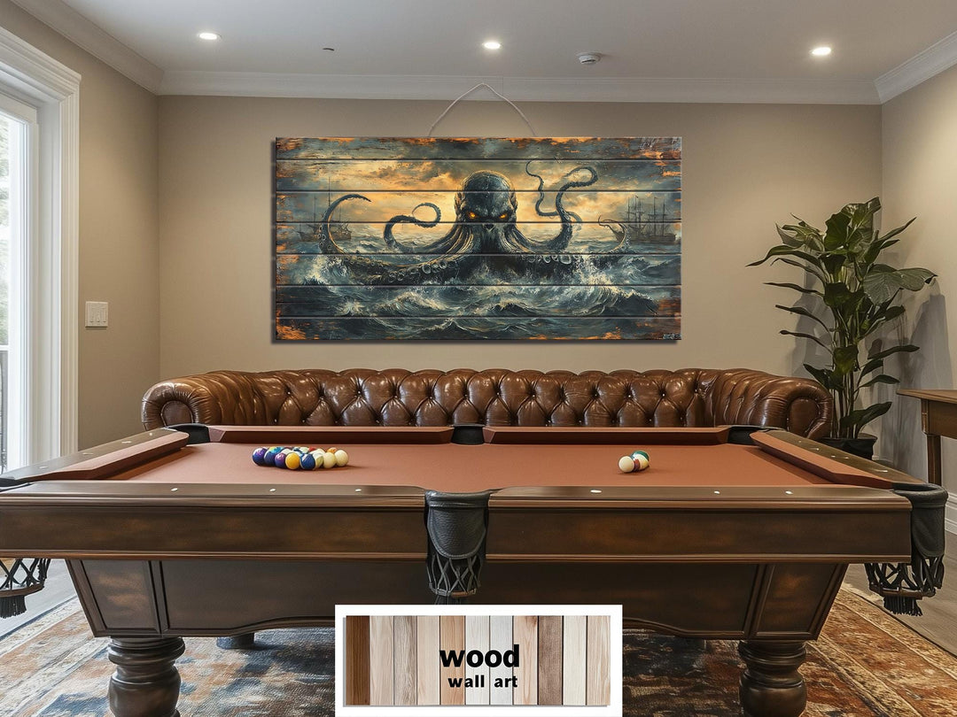 Kraken In Ocean Distressed Wood Wall Art
