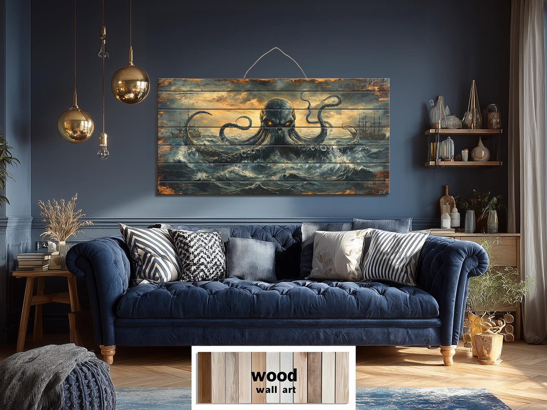 Kraken In Ocean Distressed Wood Wall Art