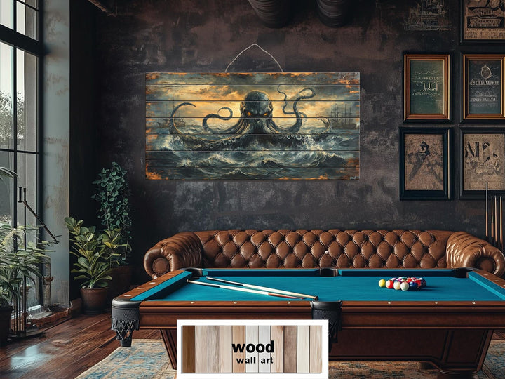 Kraken wall art on distressed wood planks with a stormy ocean scene.