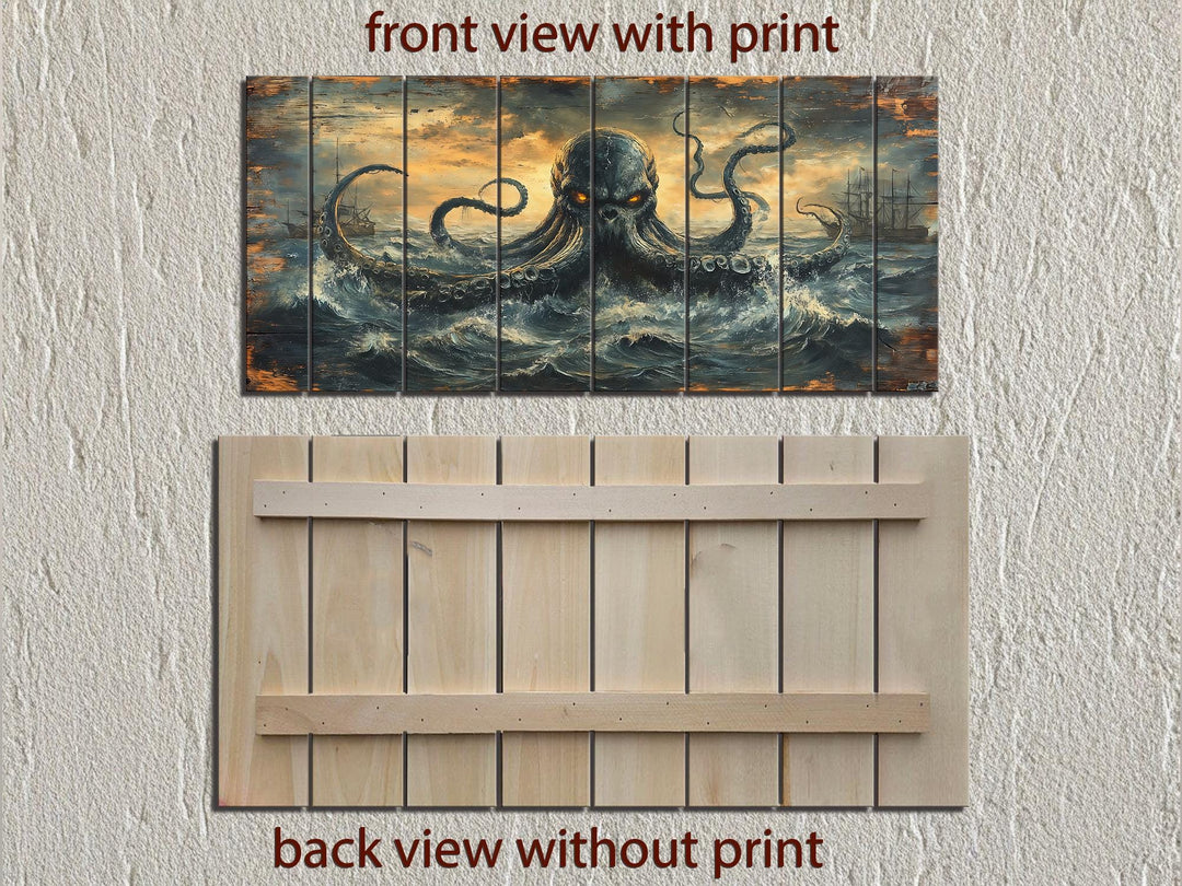 Kraken wall art on distressed wood planks with a stormy ocean scene.