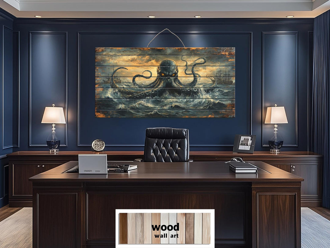 Kraken wall art on distressed wood planks with a stormy ocean scene.