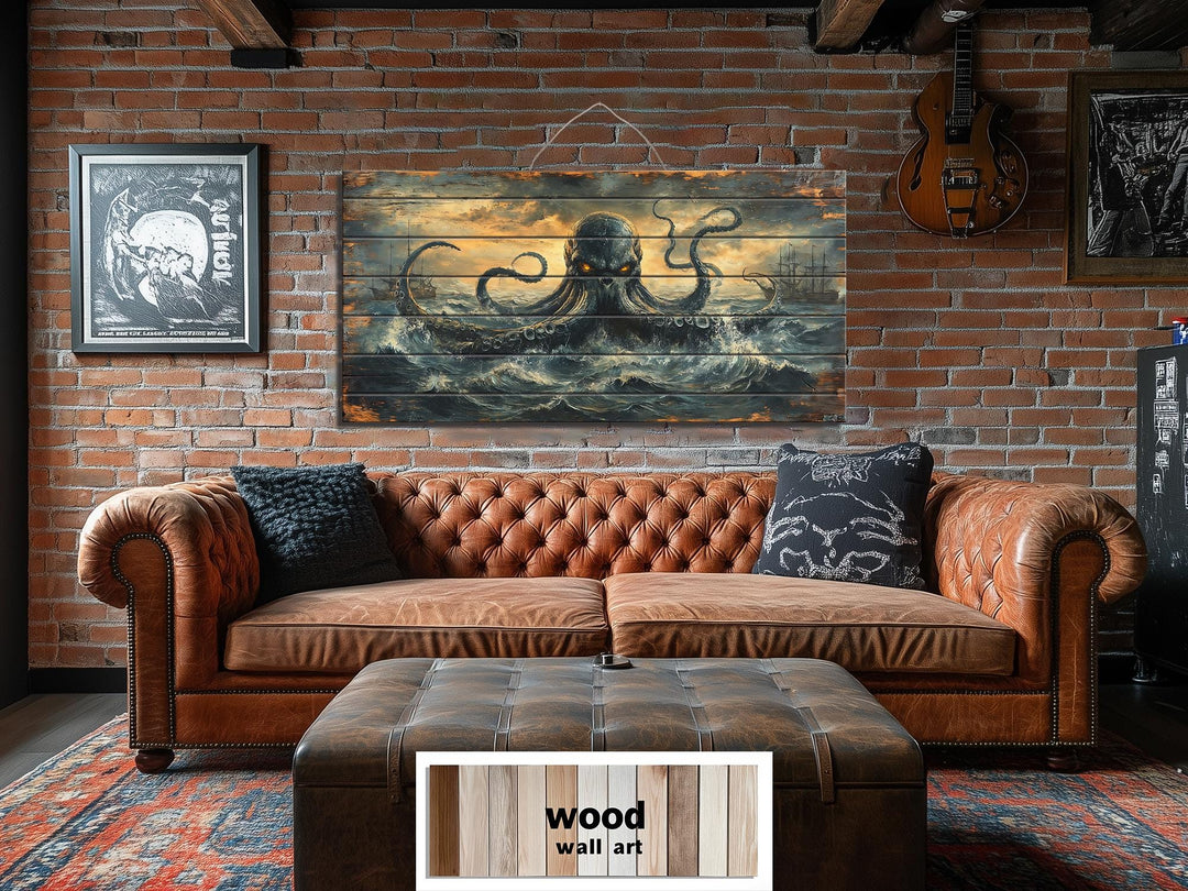 Kraken wall art on distressed wood planks with a stormy ocean scene.