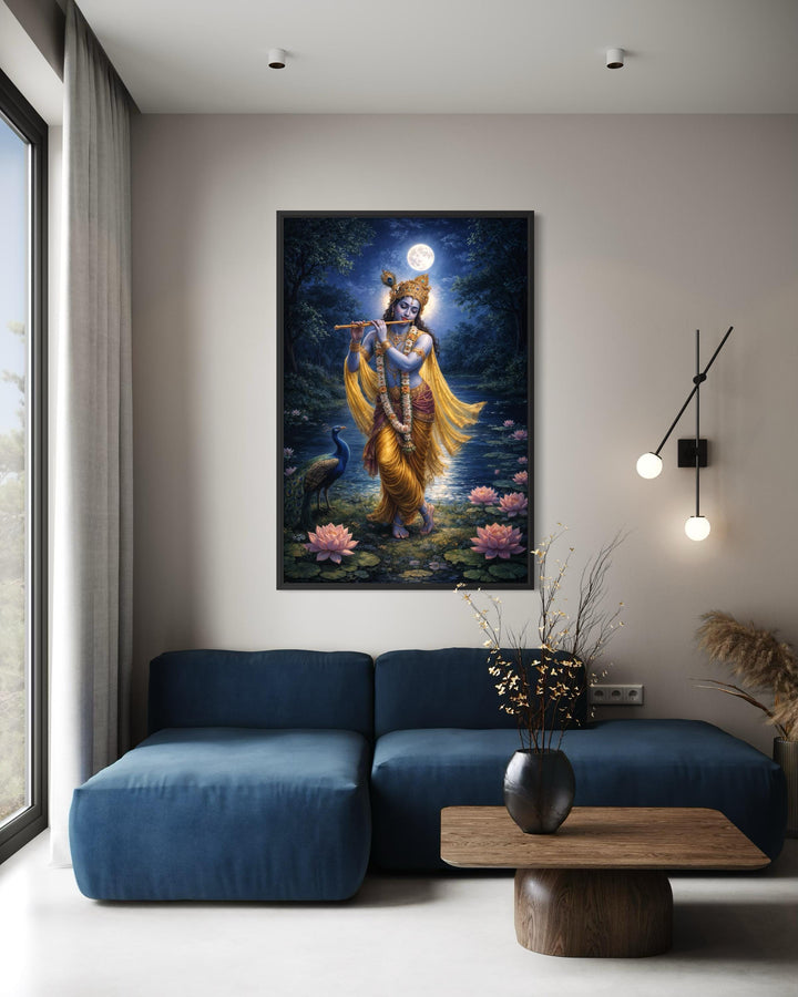 Krishna wall art canvas print featuring Lord Krishna with a flute by a lotus pond in a modern room.