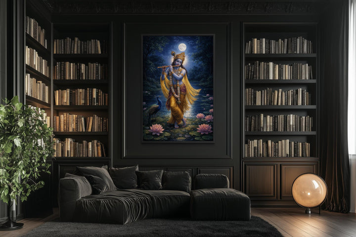 Krishna wall art canvas print in a dark library above a black sofa, featuring a lotus pond scene.