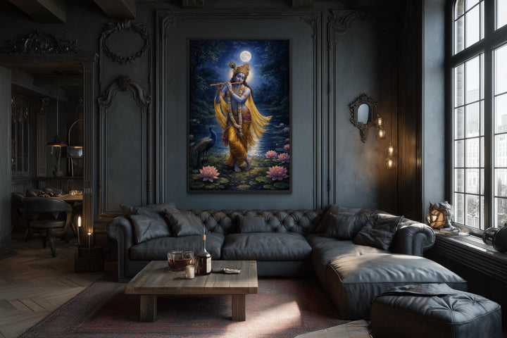 Krishna wall art canvas print of the deity with a flute and lotus pond in a dark, moody living room.
