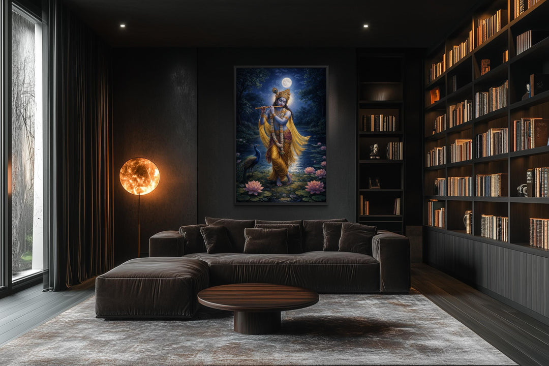 Krishna wall art canvas print featuring Lord Krishna with a flute by a lotus pond in a dark room.