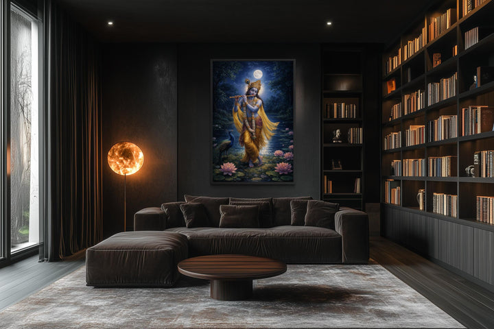 Krishna wall art canvas print featuring Lord Krishna with a flute by a lotus pond in a dark room.