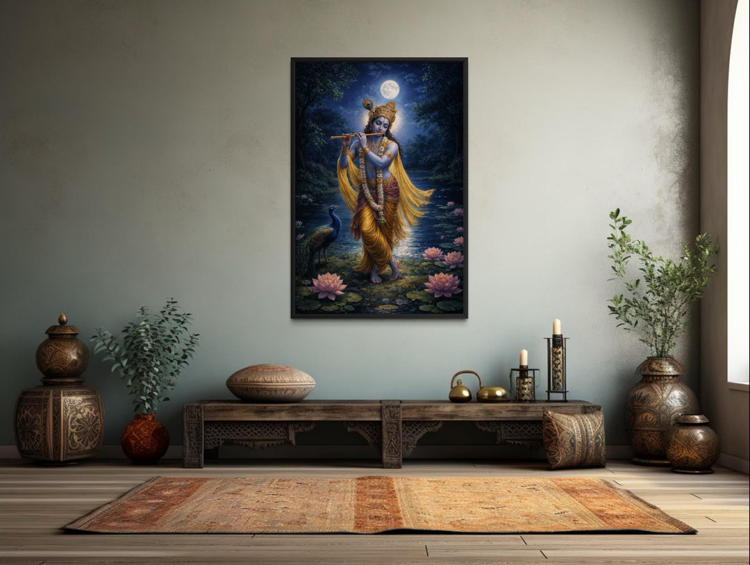 Krishna wall art canvas print of the deity with a flute by a lotus pond in a meditative room.