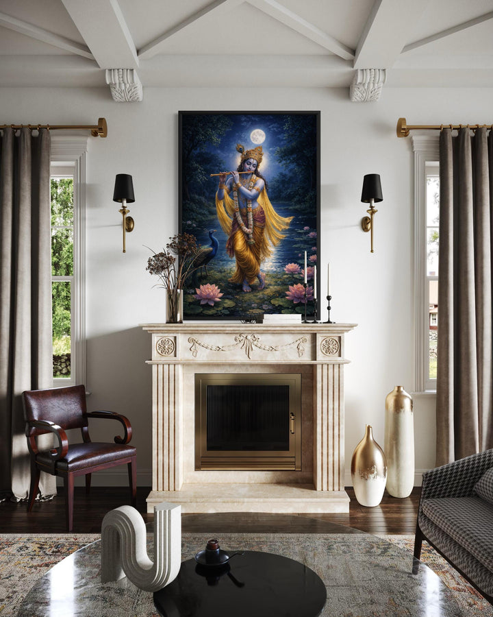Krishna wall art canvas print of the deity playing a flute by a lotus pond above a fireplace.