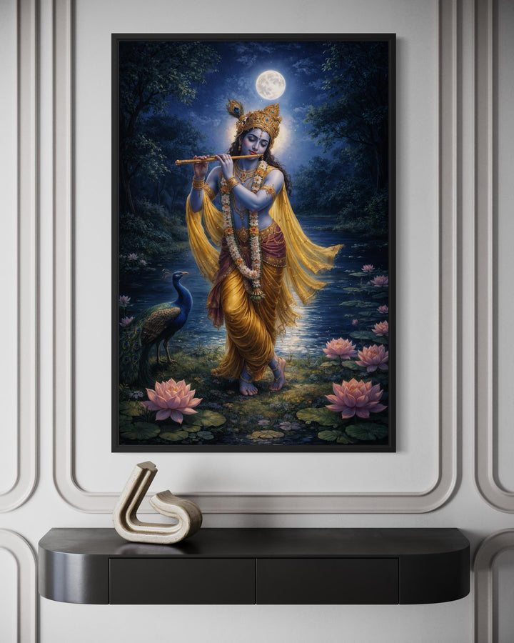 Krishna wall art canvas print of the deity playing a flute by a lotus pond under a full moon.