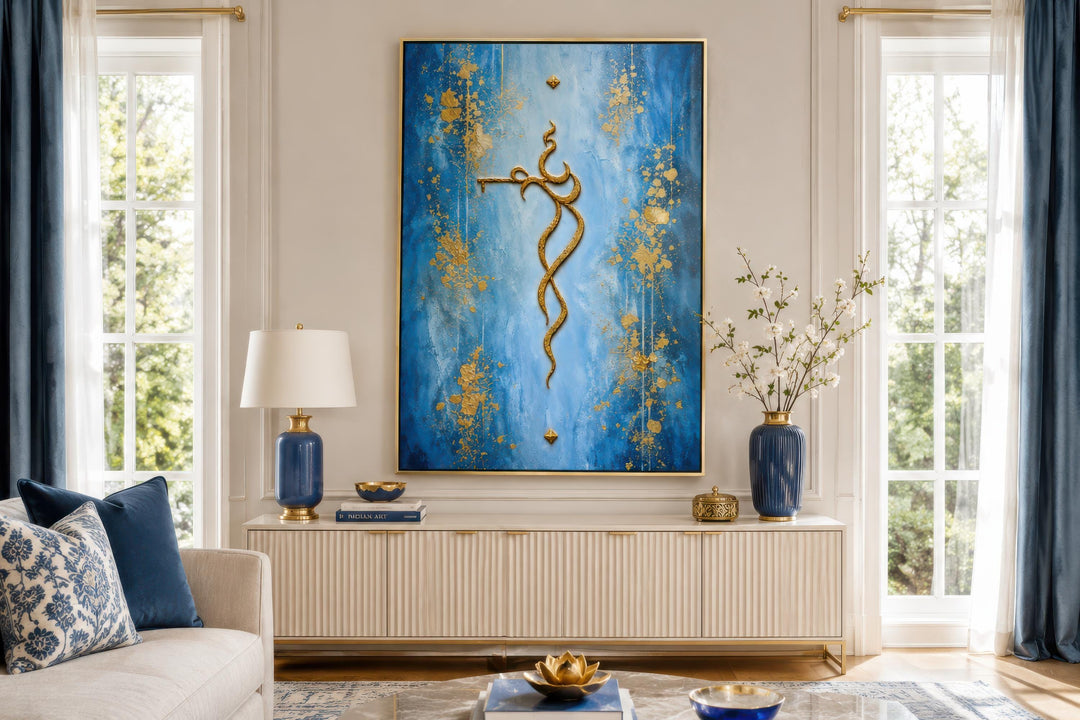 Krishna Wall Art – Minimalist Gold Krishna Painting on Blue Background Canvas Print