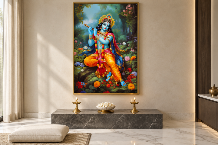 Lord Krishna playing flute in Vrindavan forest framed canvas wall art in a serene prayer room.