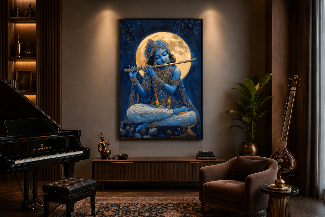 Framed canvas wall art of Blue Krishna playing a flute under a full moon in a modern living room.
