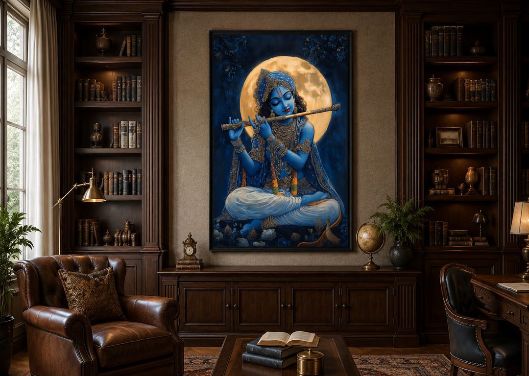 Framed canvas wall art of Blue Krishna playing a flute under a full moon in a classic library.