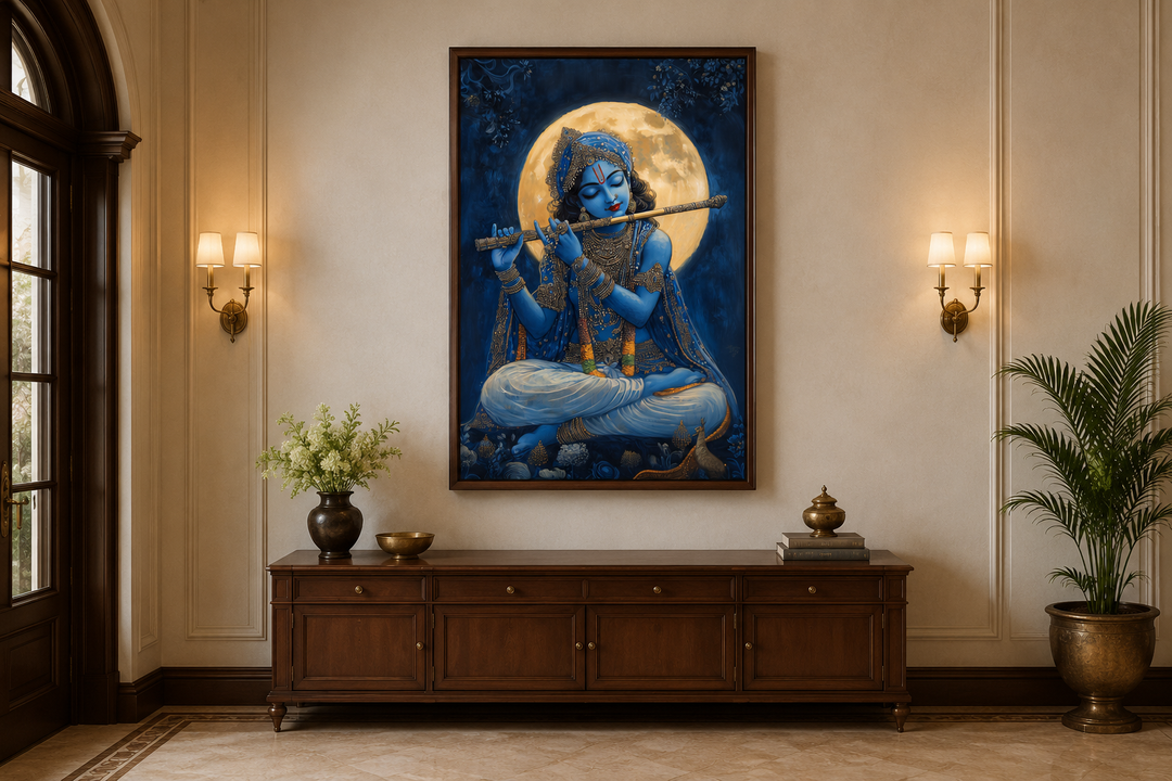 Framed canvas wall art of Blue Krishna playing a flute under a full moon in a classic interior.