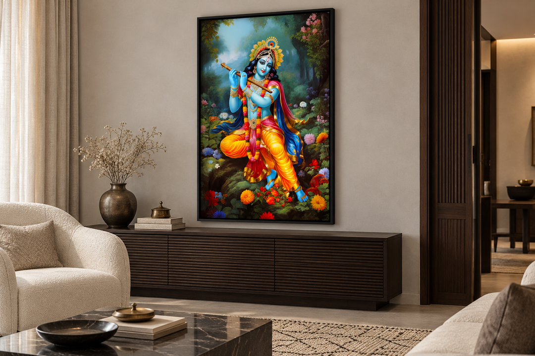 Lord Krishna playing flute in Vrindavan forest framed canvas wall art in a modern living room.
