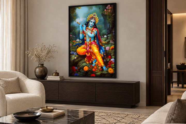 Lord Krishna playing flute in Vrindavan forest framed canvas wall art in a modern living room.