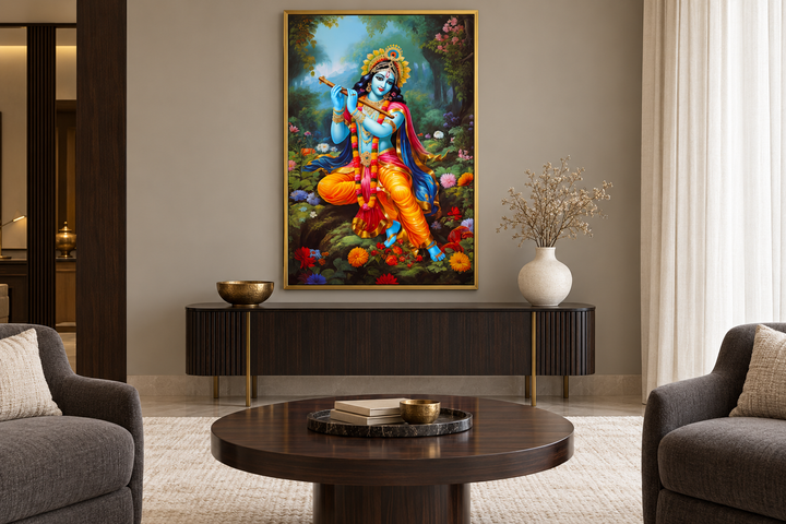 Lord Krishna playing flute in Vrindavan forest framed canvas wall art in a modern living room.