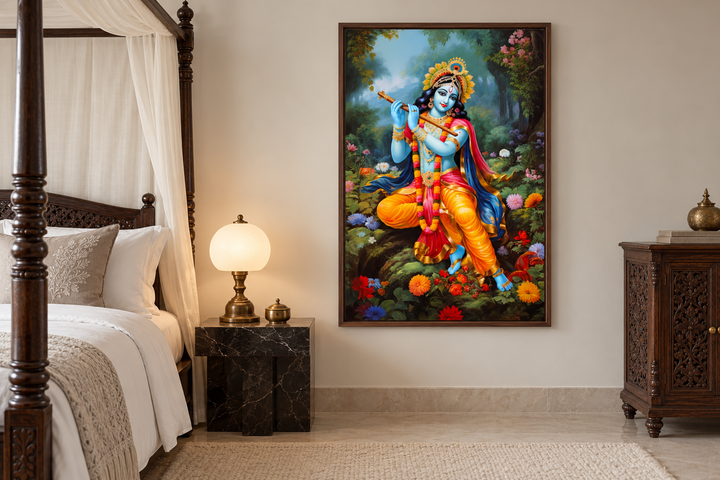 Lord Krishna playing flute in Vrindavan forest framed canvas wall art in a traditional bedroom.