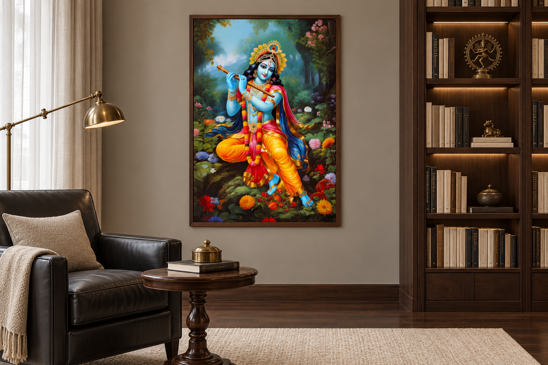Lord Krishna playing flute in Vrindavan forest traditional Indian framed canvas wall art in a room.