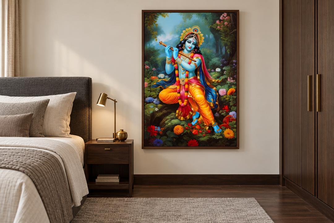 Lord Krishna playing flute in Vrindavan forest framed canvas wall art in a modern bedroom.