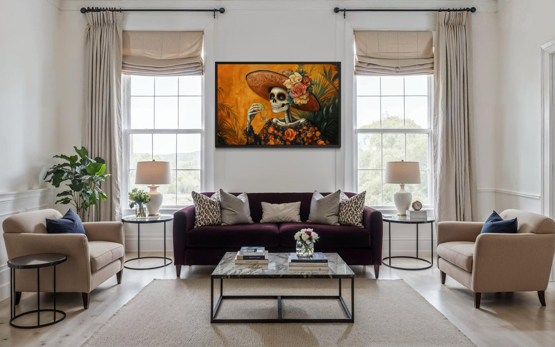 La Calavera Catrina Drinking Tequila Mexican canvas wall art displayed in a modern living room.