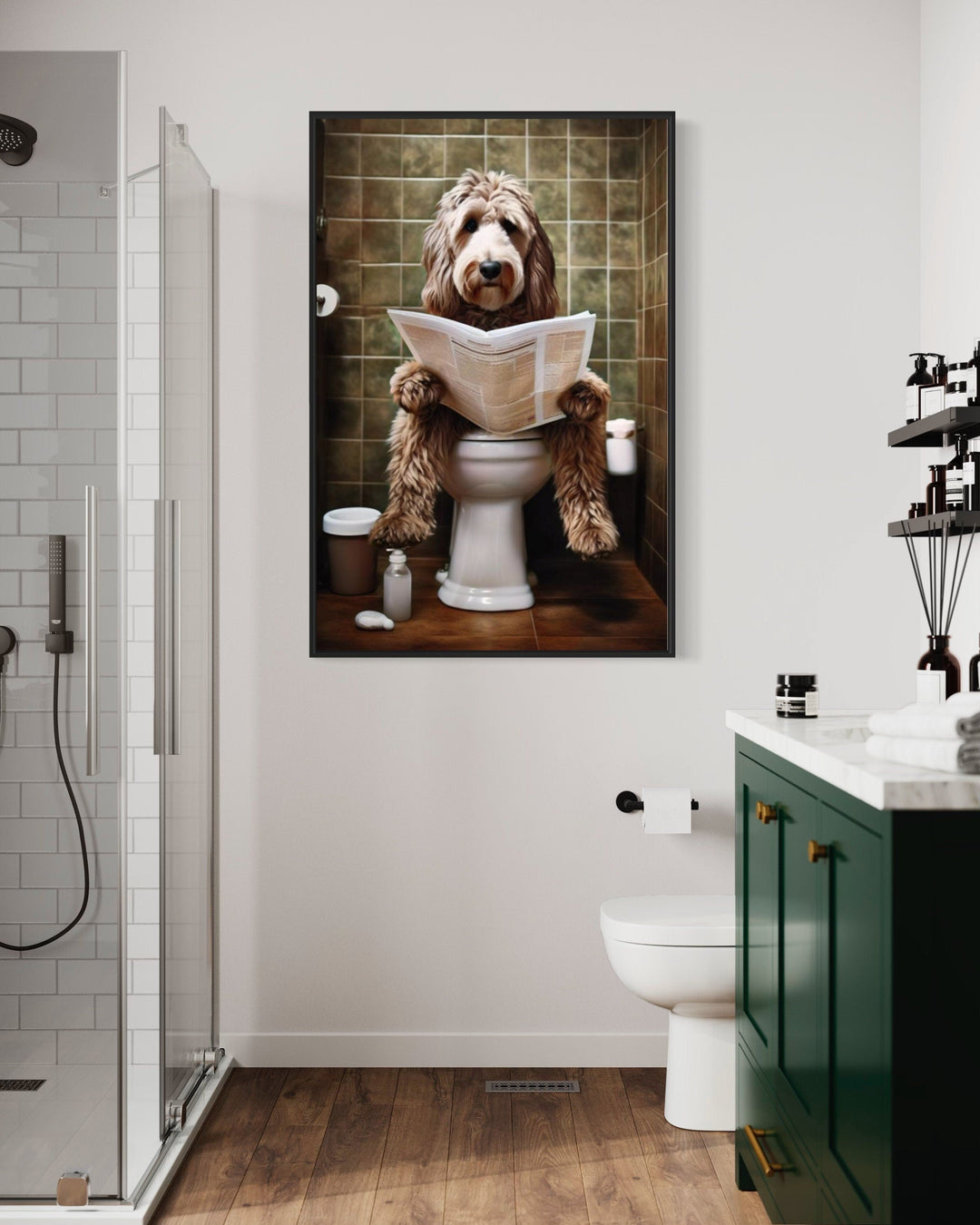 Labradoodle Dog On The Toilet Reading Newspaper Picture