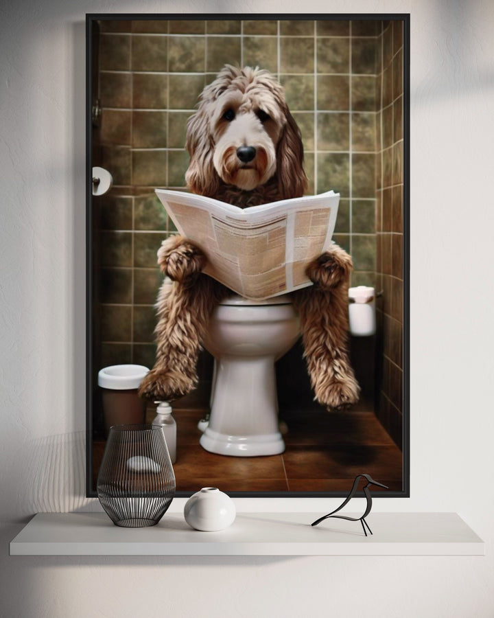 Labradoodle Dog On The Toilet Reading Newspaper Picture