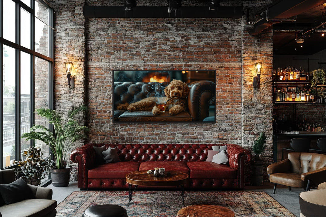 Labradoodle On Couch Smoking Cigar Drinking Whiskey Framed Canvas Wall Art