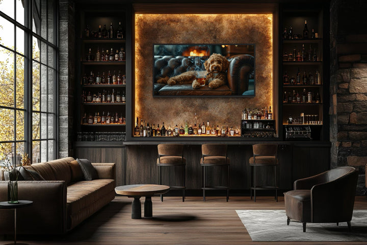 Labradoodle On Couch Smoking Cigar Drinking Whiskey Framed Canvas Wall Art