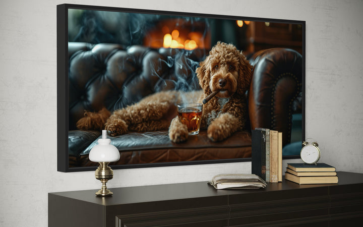 Labradoodle On Couch Smoking Cigar Drinking Whiskey Framed Canvas Wall Art