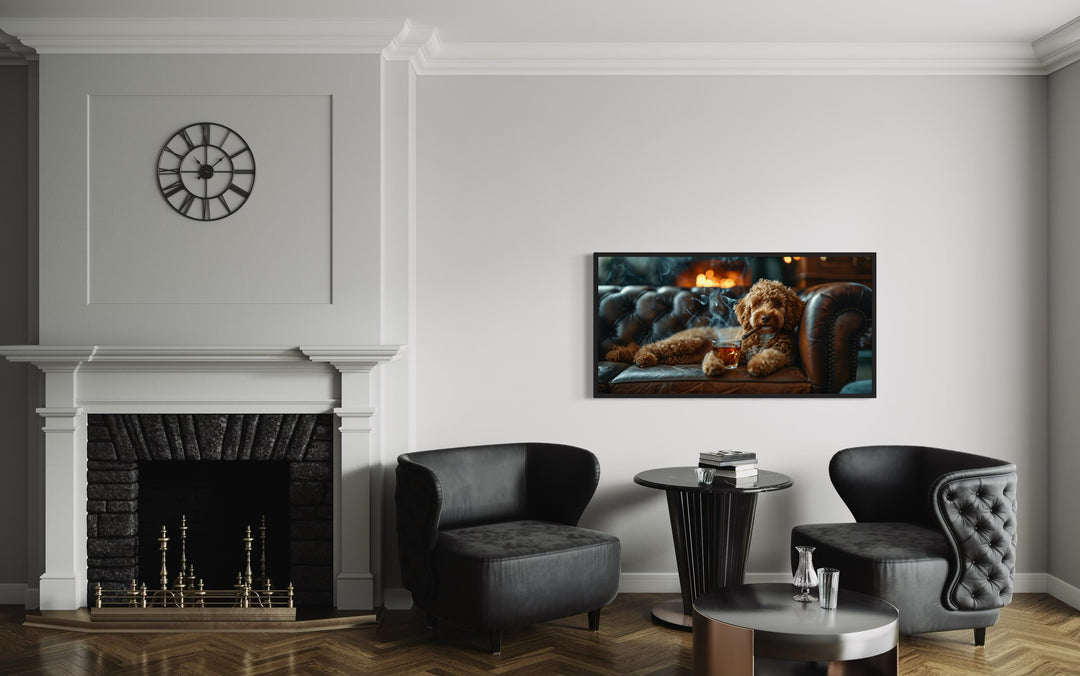 Labradoodle On Couch Smoking Cigar Drinking Whiskey Framed Canvas Wall Art