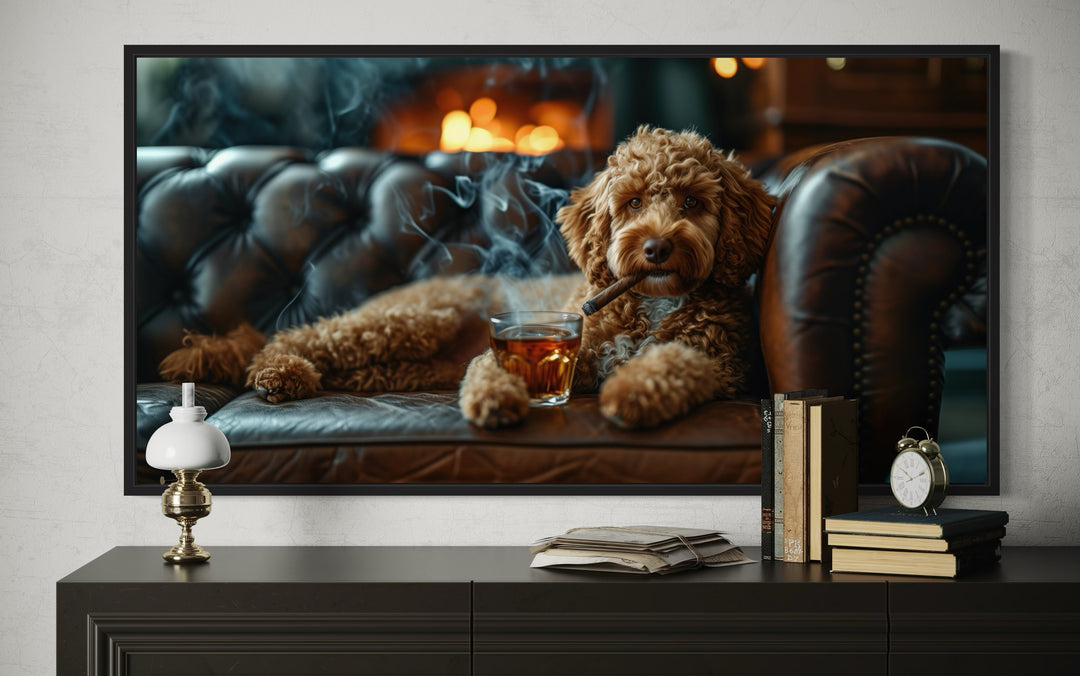 Labradoodle On Couch Smoking Cigar Drinking Whiskey Framed Canvas Wall Art