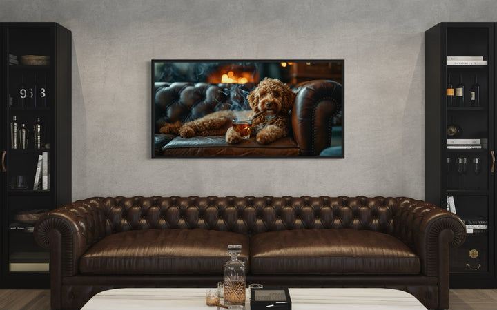 Labradoodle On Couch Smoking Cigar Drinking Whiskey Framed Canvas Wall Art