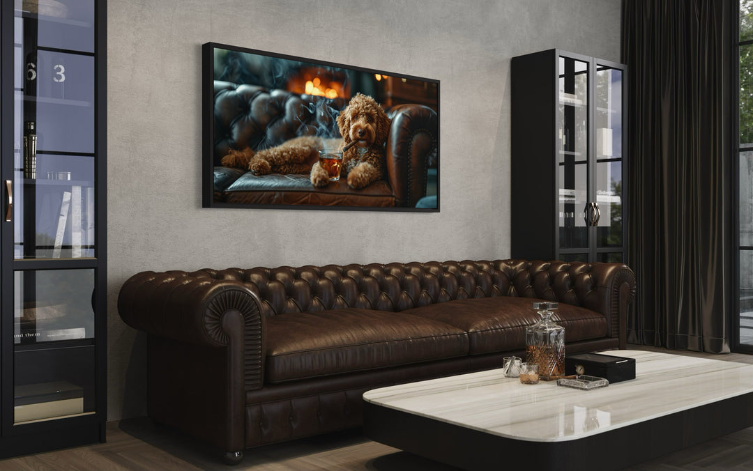 Labradoodle On Couch Smoking Cigar Drinking Whiskey Framed Canvas Wall Art