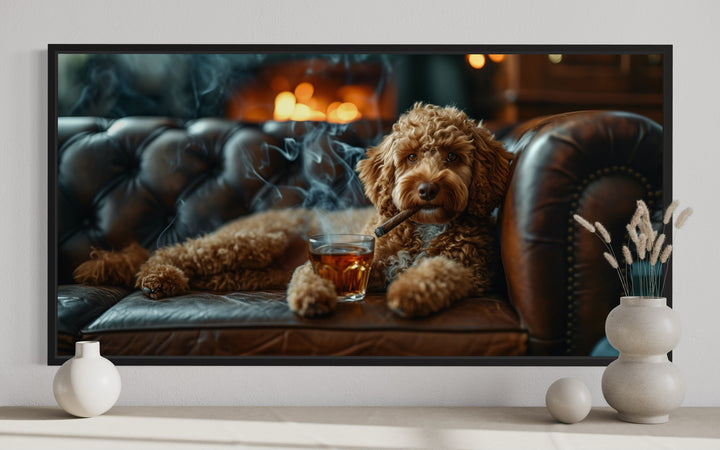 Labradoodle On Couch Smoking Cigar Drinking Whiskey Framed Canvas Wall Art