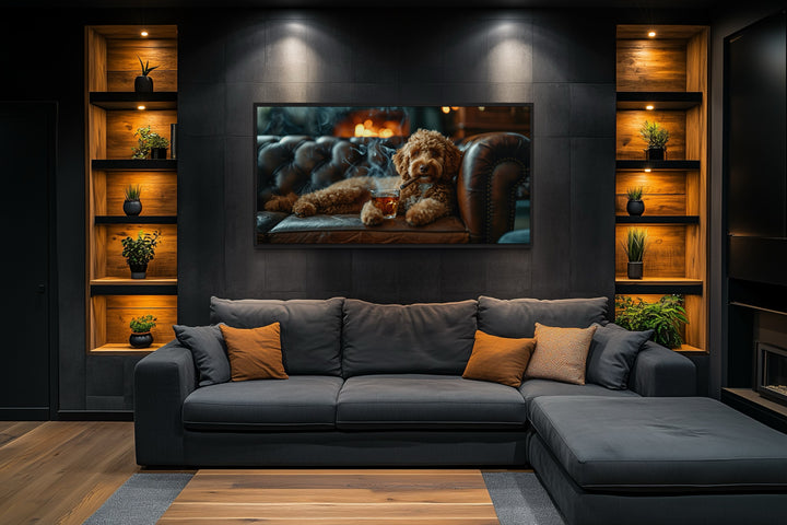 Labradoodle On Couch Smoking Cigar Drinking Whiskey Framed Canvas Wall Art