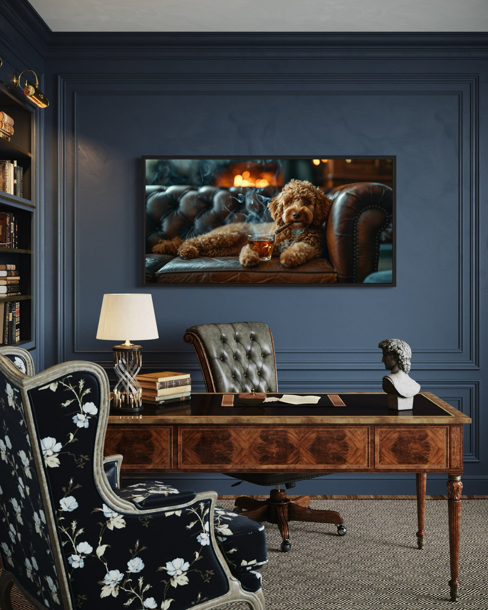 Labradoodle Wall Art – Framed Canvas Print | Whiskey Dog Smoking Cigar Decor