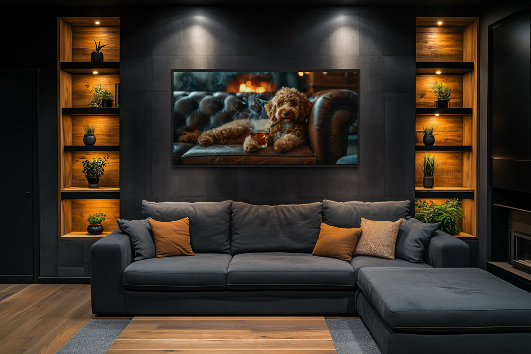 Labradoodle Wall Art – Framed Canvas Print | Whiskey Dog Smoking Cigar Decor