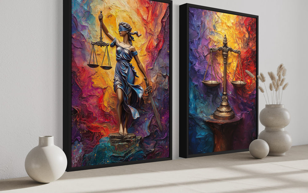 Lady Justice And Scales Of Justice Colorful Set Of 2 Law Firm Canvas Wall Art side view