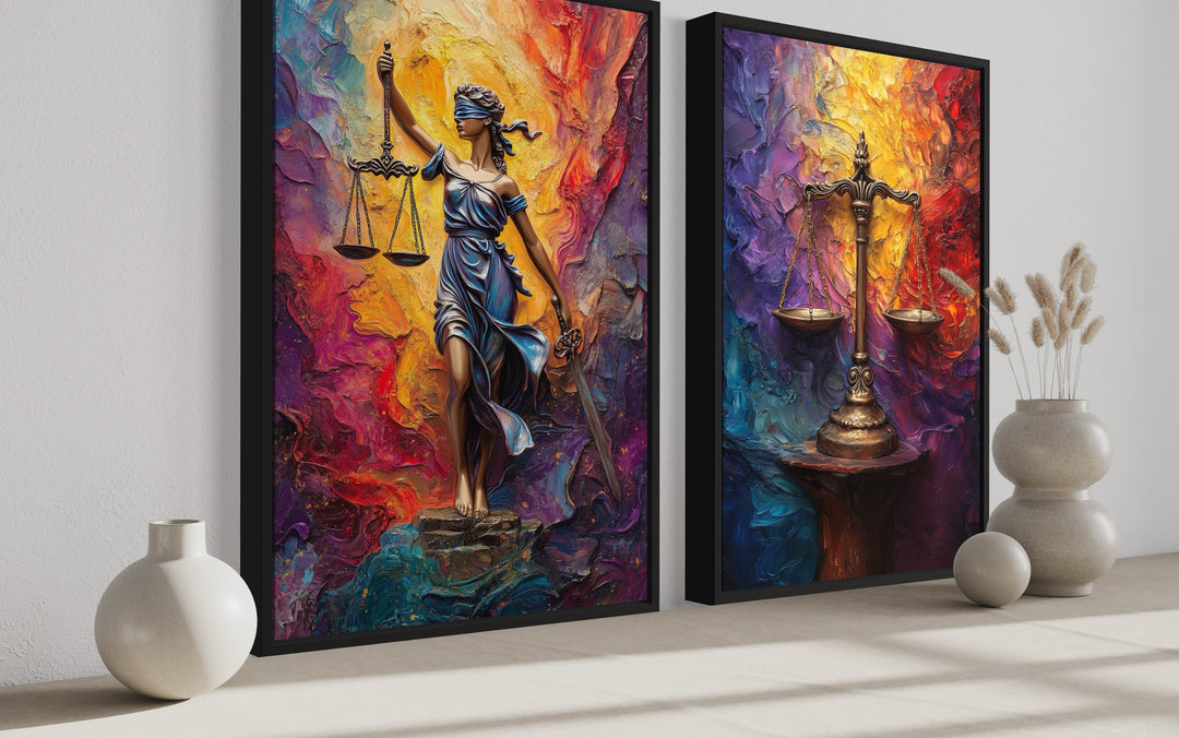 Lady Justice And Scales Of Justice Colorful Set Of 2 Law Firm Canvas Wall Art