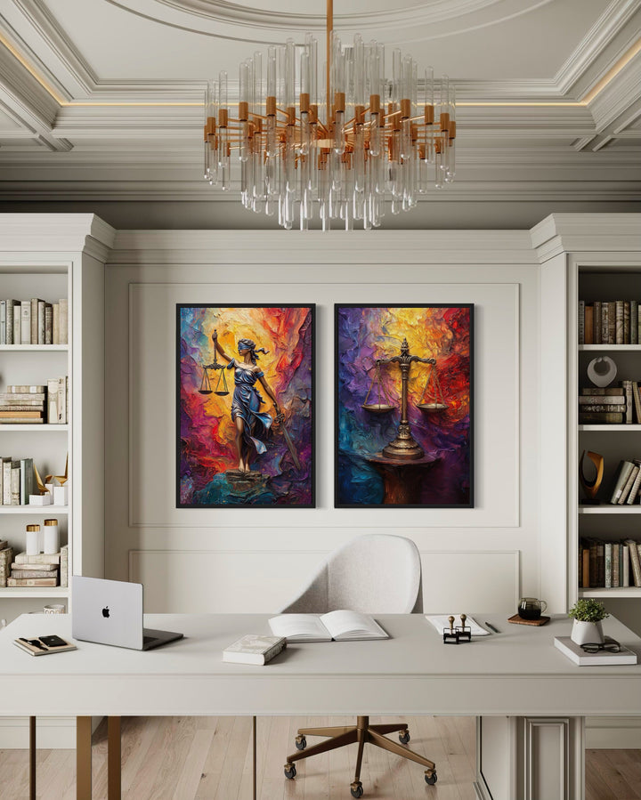 Lady Justice And Scales Of Justice Colorful Set Of 2 Law Firm Canvas Wall Art