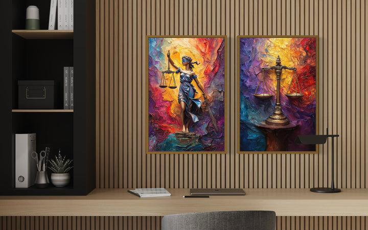 Lady Justice And Scales Of Justice Colorful Set Of 2 Law Firm Canvas Wall Art